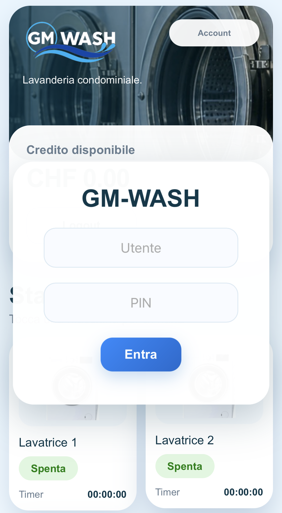 GM Wash user interface showing available credit and machine status
