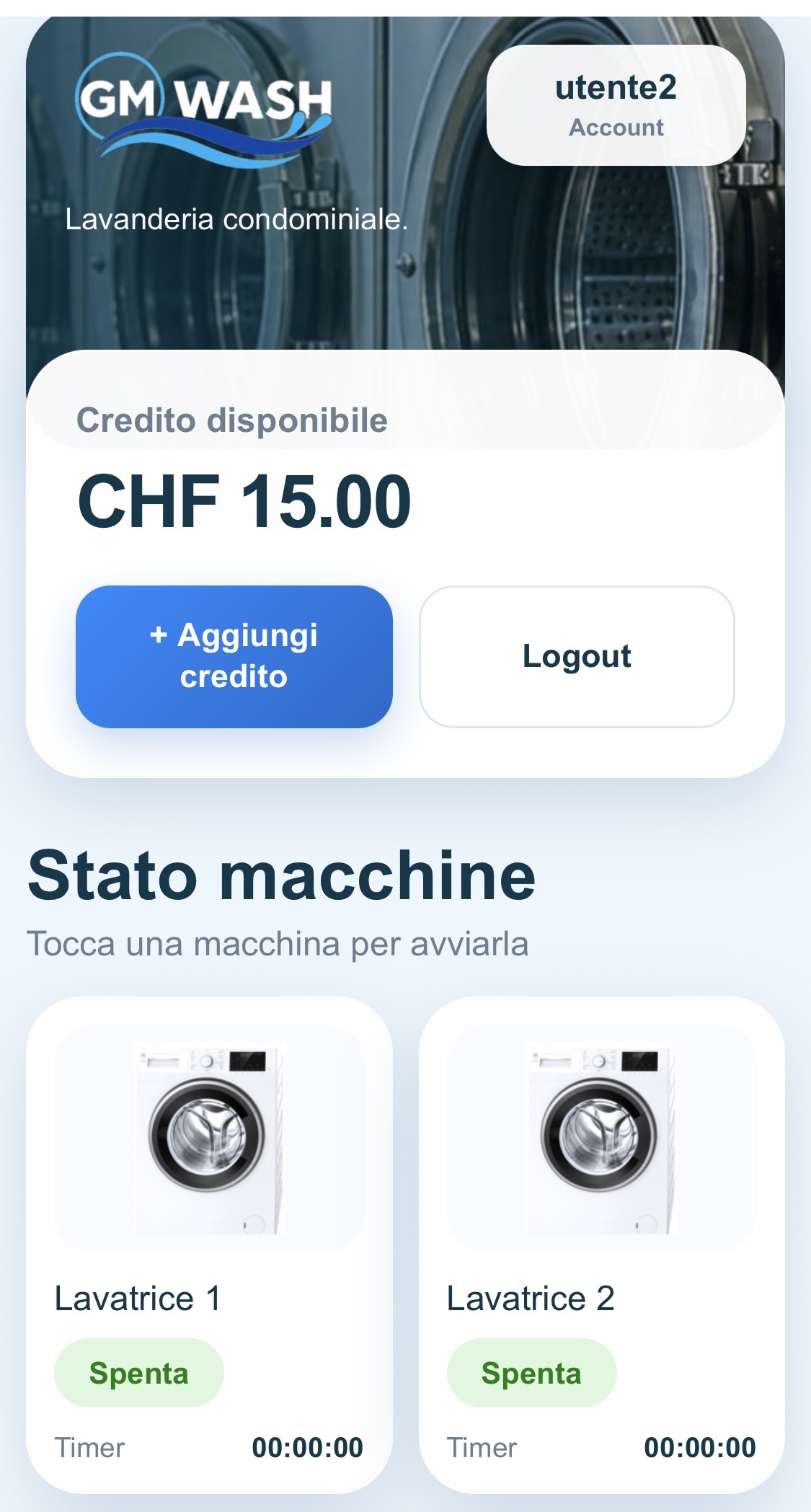 GM Wash screen showing washing machine status and active users